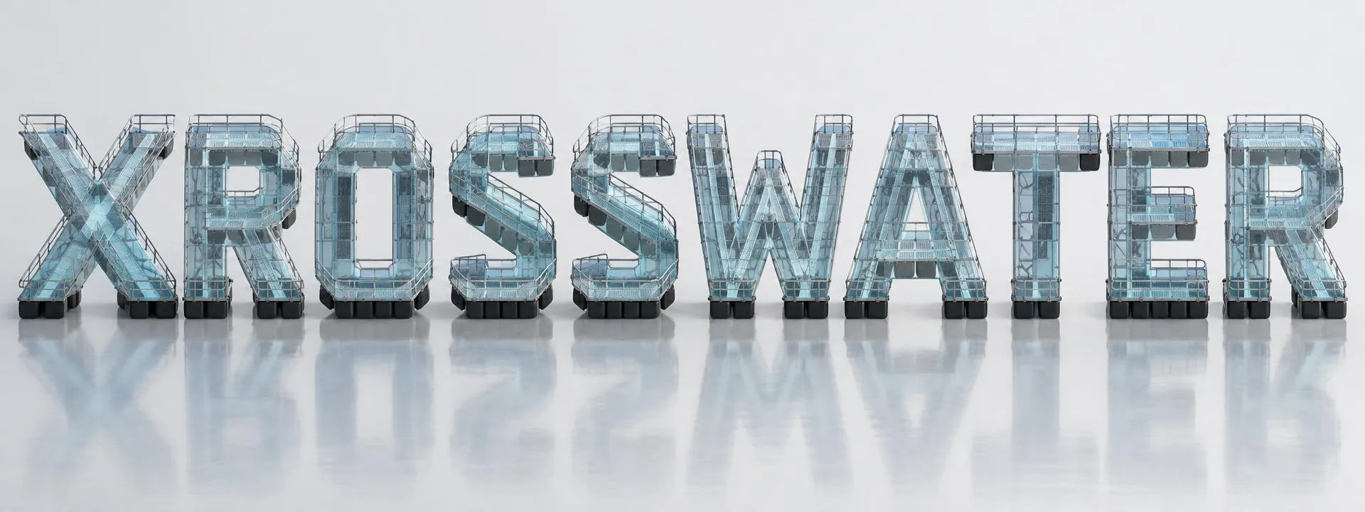 The word Xrosswater built from translucent floating walkway modules