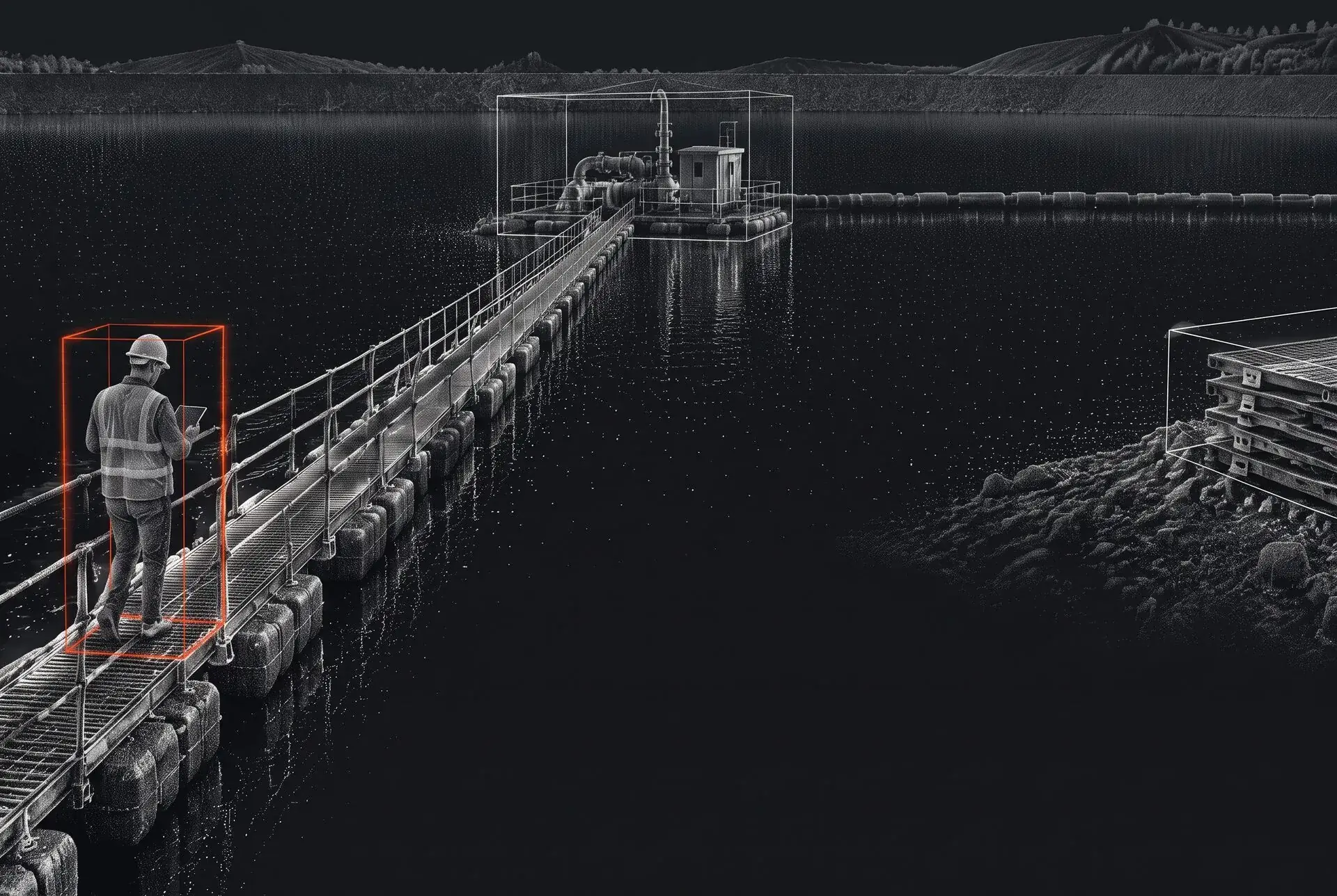 Point-cloud scan of a Xrosswater floating walkway crossing a tailings dam to a pump platform