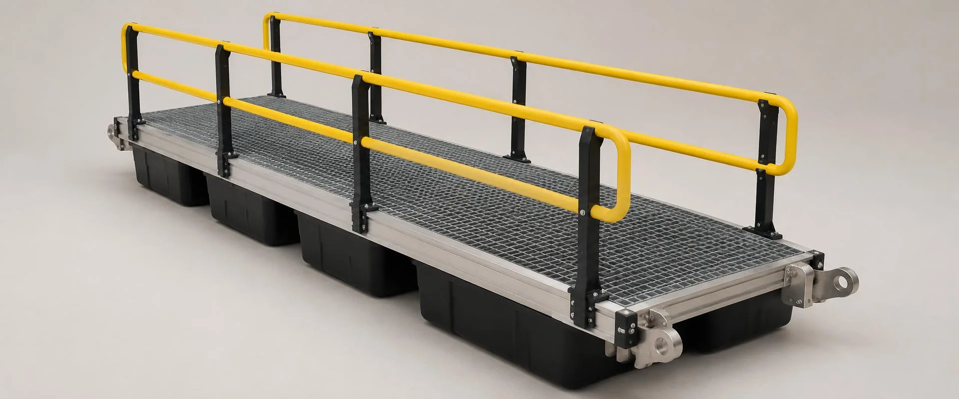 Xrosswater floating walkway section with yellow handrails, grating deck and black HDPE floats