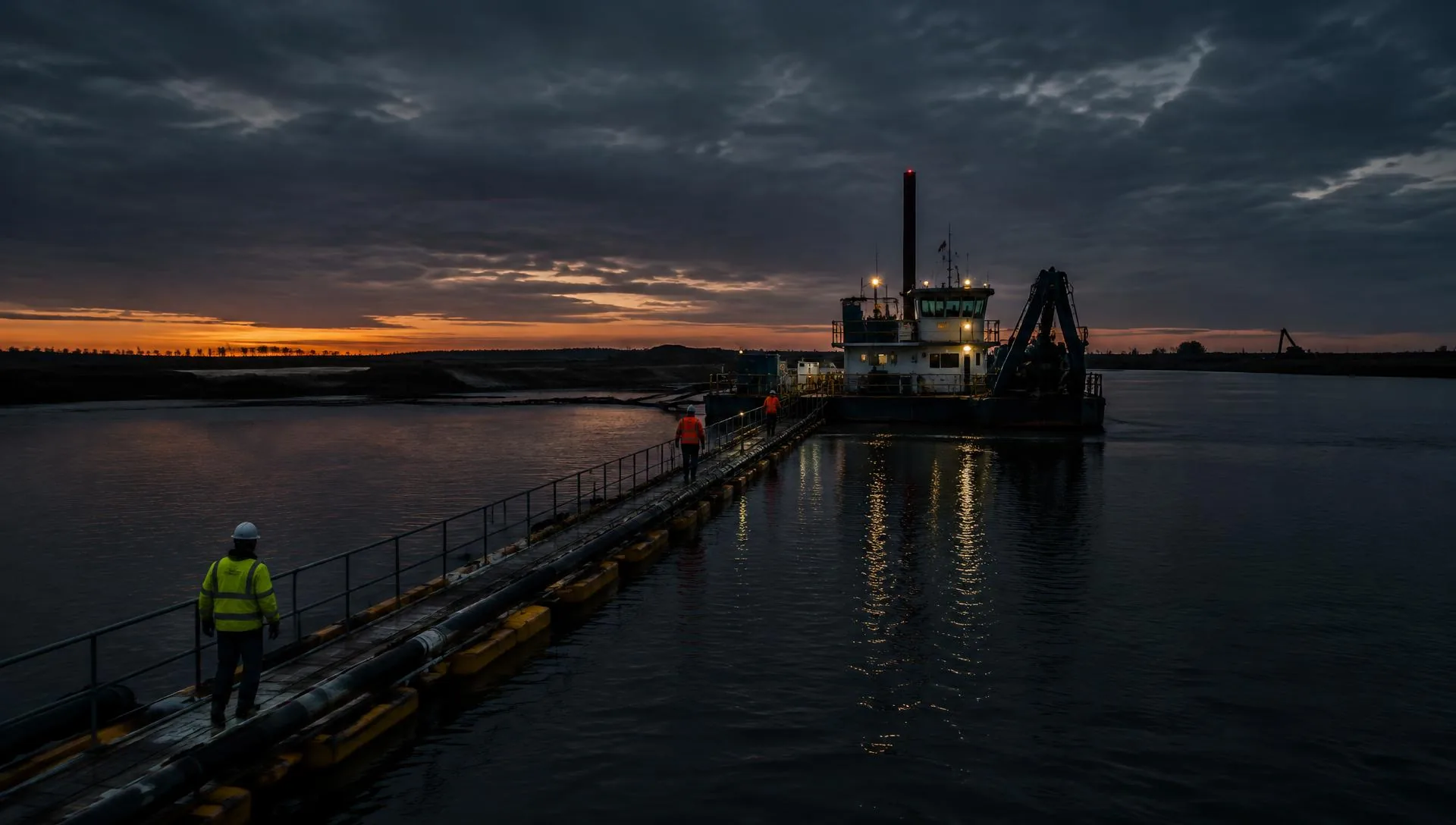 Crew walking a floating walkway to a dredger at dusk